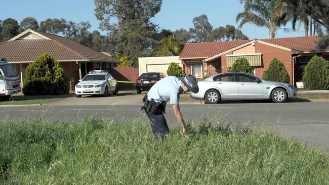 SA Police officers search a field opposite of Beverley Hanley’s home following her murder in Elizabeth north.