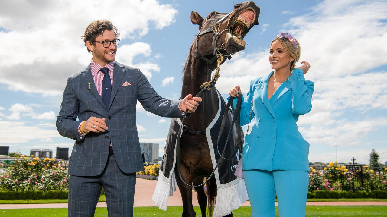 Myer Fashions on your Front Lawn judges Olivia Molly Rogers and Rob Mills with former Melbourne Cup winner Brew. Picture: Jason Edwards