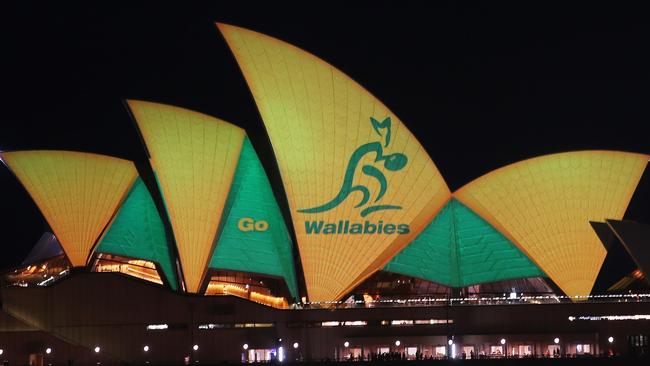 The Sydney Opera House was illuminated in Green and Gold ahead of the Rugby World Cup final in 2015. Picture: Don Arnold