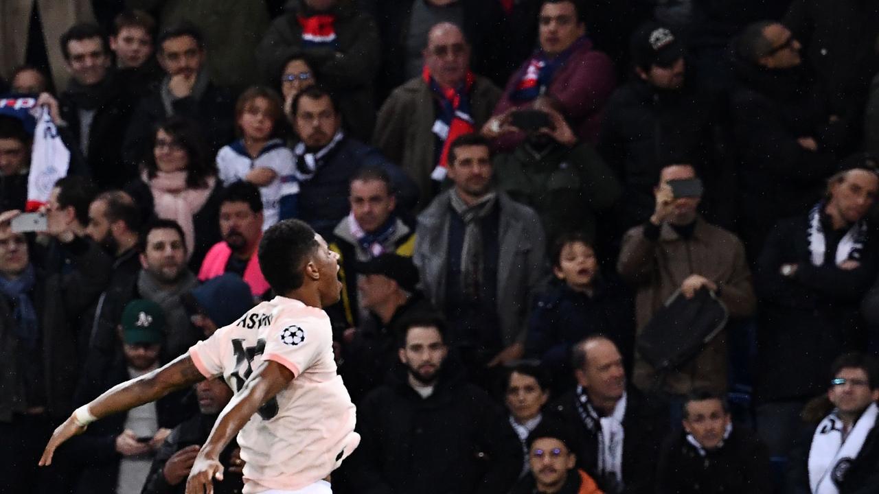 Manchester United's English forward Marcus Rashford jubilates after scoring 