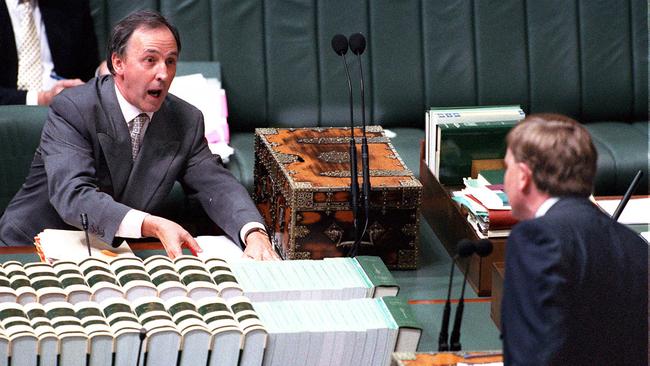 Paul Keating and Peter Costello during censure motion in Parliament. in 1995.