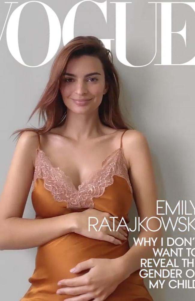 Emily Ratajkowski reveals pregnancy on the digital cover of Vogue. Picture: Vogue magazine