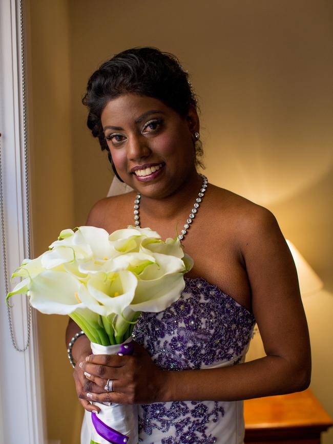 Malini Raj on her wedding day in 2014 when she was unwell living with undiagnosed Cushing's disease and had a larger, round face as one of her symptoms. It was after her first failed brain surgery in 2013. Picture: Supplied