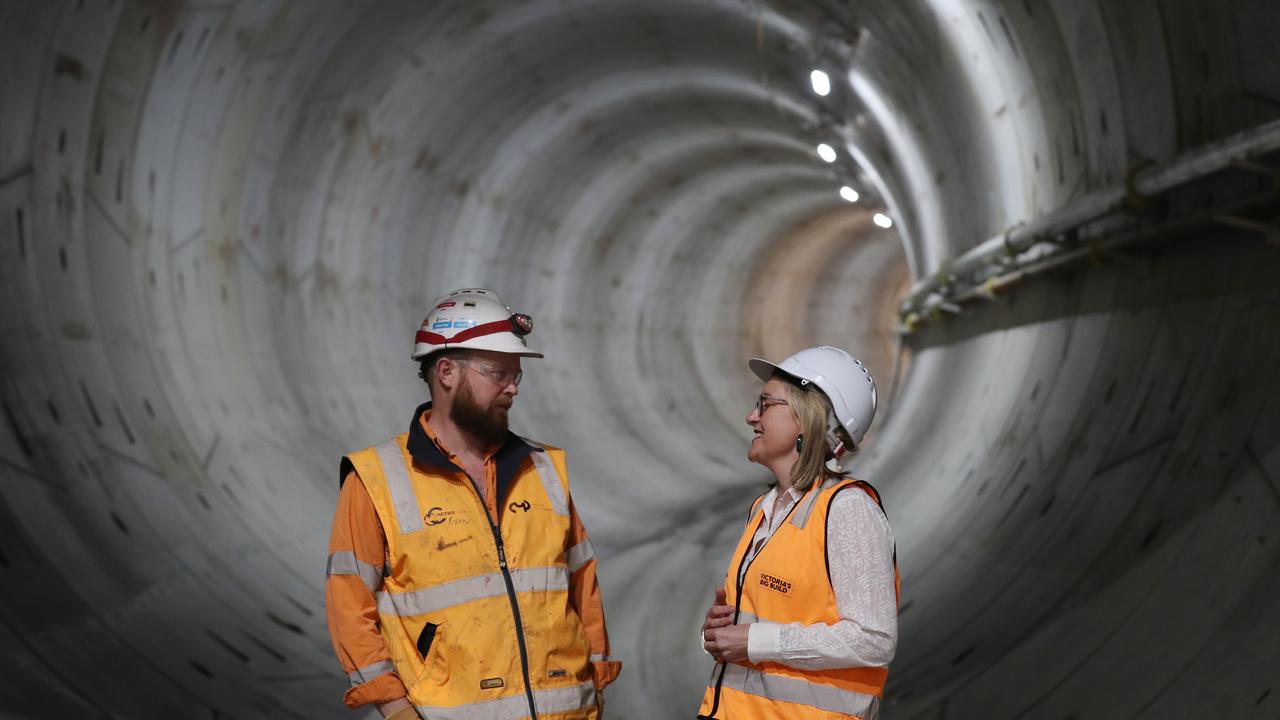 Transport Infrastructure Minister, Jacinta Allan with tunnel worker Ryan Martin. Picture: NCA NewsWire / David Crosling