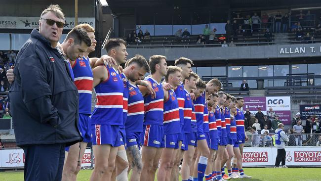 Keilor players before the EDFL Premier Division grand final. Picture: Andy Brownbill