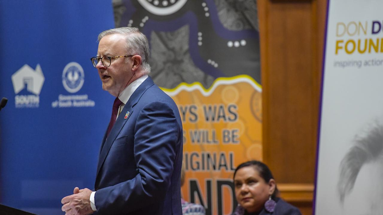 Prime Minister Anthony Albanese delivered the Lowitja O'Donoghue address at Adelaide University, Bonython Hall on Monday. Picture: NCA NewsWire / Roy VanDerVegt