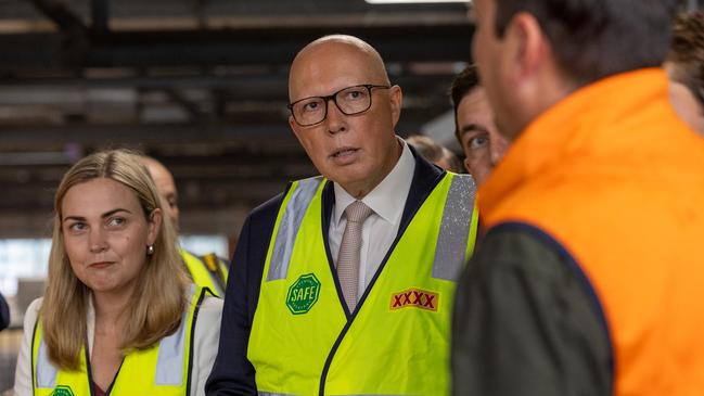 Speaking in the XXXX brewery in the Greens-held seat of Brisbane on Saturday, Peter Dutton would not put a dollar figure on price falls. Picture: Thomas Lisson