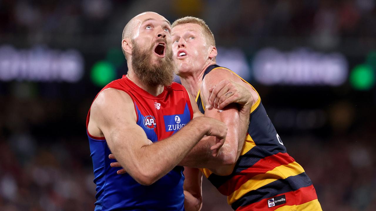 Max Gawn and Reilly O'Brien go head-to-head. Picture: James Elsby/AFL Photos