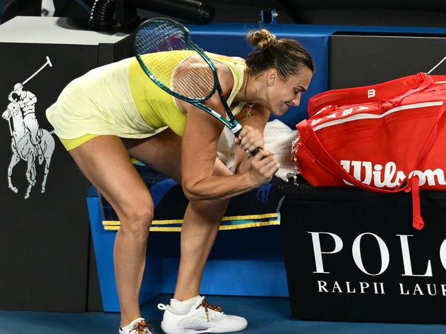 MELBOURNE, AUSTRALIA - JANUARY 25: Aryna Sabalenka smashes her racket after her defeat by Madison Keys of the United States in the Women's Singles Finalduring day 14 of the 2025 Australian Open at Melbourne Park on January 25, 2025 in Melbourne, Australia. (Photo by Quinn Rooney/Getty Images)