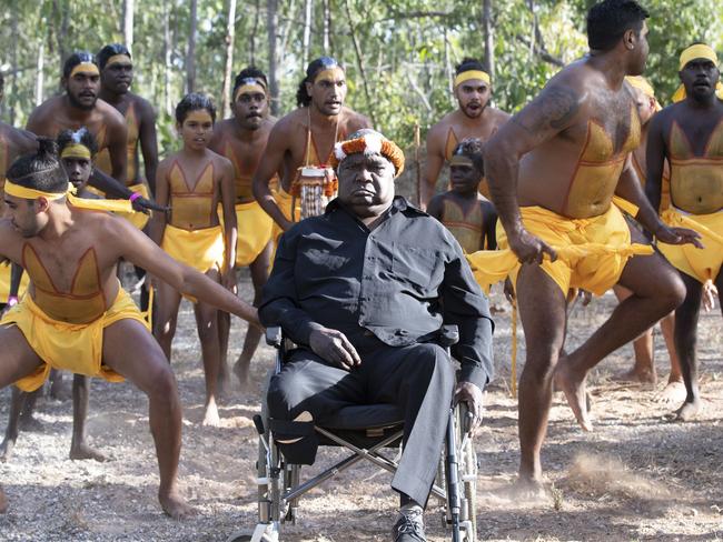 Dr Galarrwuy Yunupingu and members of the Gumatj clan preparing to perform bunggul (traditional dance) at the opening ceremony of Garma Festival in Arnhem Land, NT. Photographer: PETER EVE