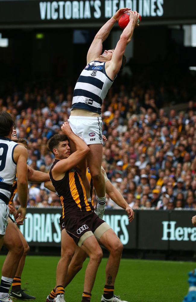 Patrick Dangerfield takes a screamer against the Hawks. Picture: George Salpigtidis
