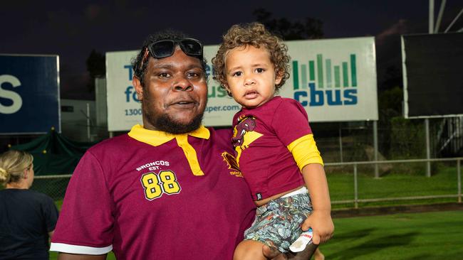 Edward White &amp; Edward White Jr at the 2023 NRL match at TIO Stadium. Picture: Pema Tamang Pakhrin