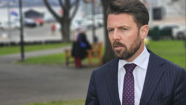 Senator Jonno Duniam speaks to the media on parliament Lawns on Thursday August 8, 2024. Photo: David Killick