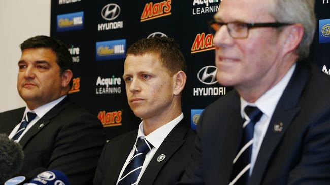 Carlton coach Brendon Bolton, president Mark Logiudice and outgoing CEO Steven Trigg.