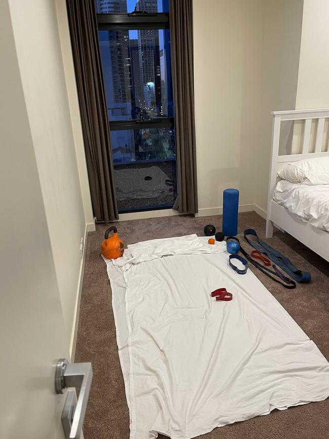 George Burgess set up an area to exercise while in quarantine.