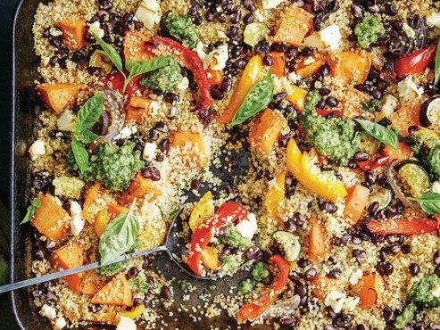 One-pan vegetable and quinoa bake recipe.