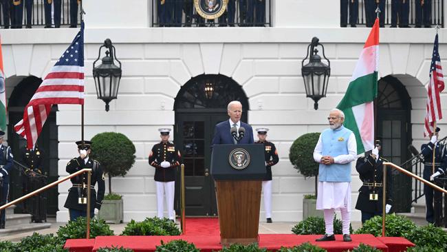 Joe Biden said “we have enduring ties and shared values between our people and the shared responsibility as global leaders to tackle the great issues of our time together”, during a welcome ceremony for India's Prime Minister. Picture: AFP