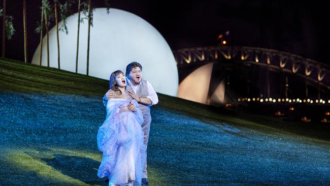 Karah Son and Diego Torre appearing in Handa Opera's production of Madama Butterfly on Sydney Harbour. Picture Keith Saunders