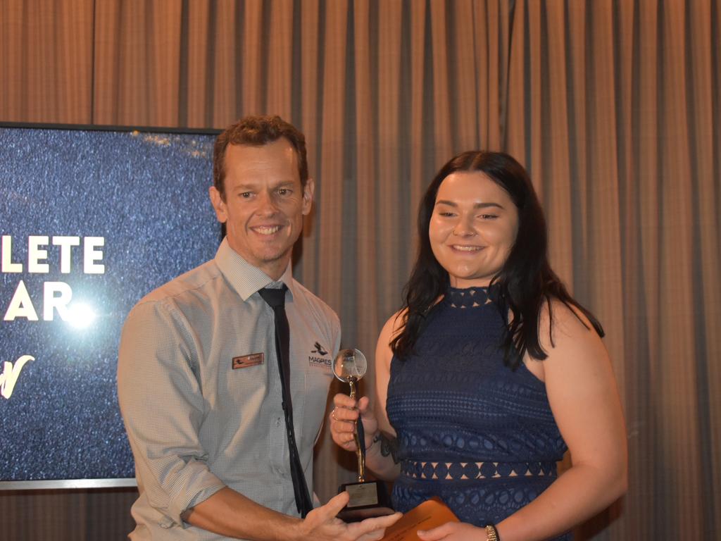 Magpies Sporting Club general manager Darren Smith (left) and Zoe Cook, who was named female athlete of the year at Magpies awards night, October 29, 2021. Picture: Matthew Forrest