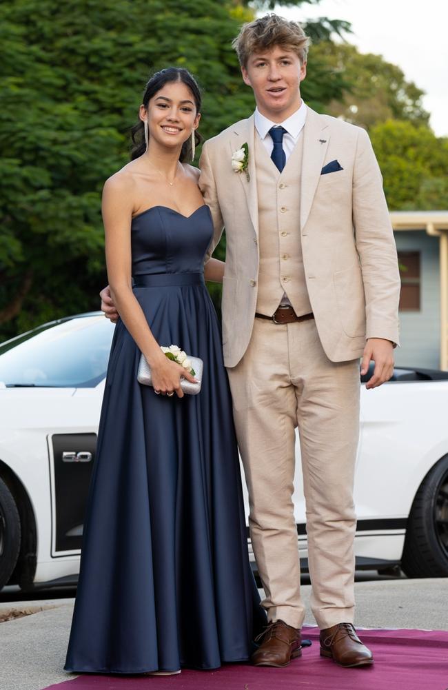 Zavier Burness and Nattaya Hammond, graduating class of 2023, arrive at St Patrick’s Formal on Friday, May 5, 2023. Gympie, Queensland. Picture: Christine Schindler