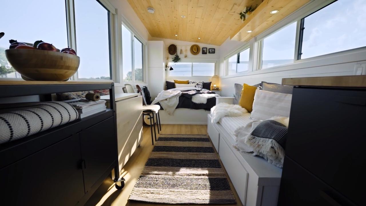 The living room flows to the bedroom. Picture: Ikea tiny home project