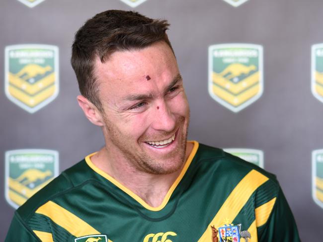 Member of the Kangaroos Four Nations Squad, James Maloney, listens to a question during a press conference in Sydney on Thursday, Oct. 6, 2016. The 2016 Rugby League Four Nations tournament will be played in England in October and November with the series being contested by Australia, England, New Zealand and Scotland. (AAP Image/Paul Miller) NO ARCHIVING