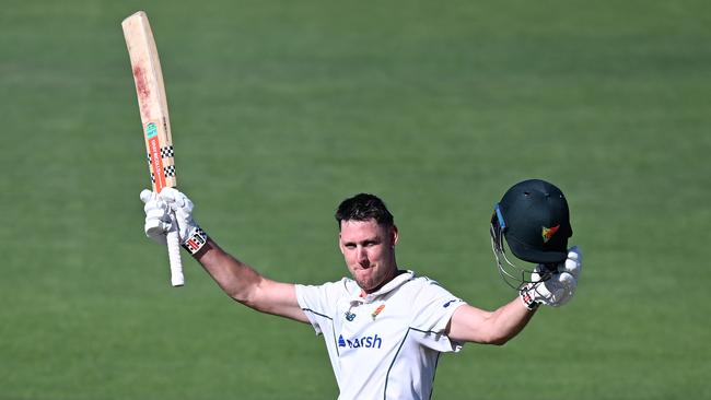 HOBART, AUSTRALIA – FEBRUARY 18: Beau Webster of the Tigers celebrates scoring a century during the Sheffield Shield match between Tasmania and Western Australia at Blundstone Arena, on February 18, 2024, in Hobart, Australia. (Photo by Steve Bell/Getty Images)