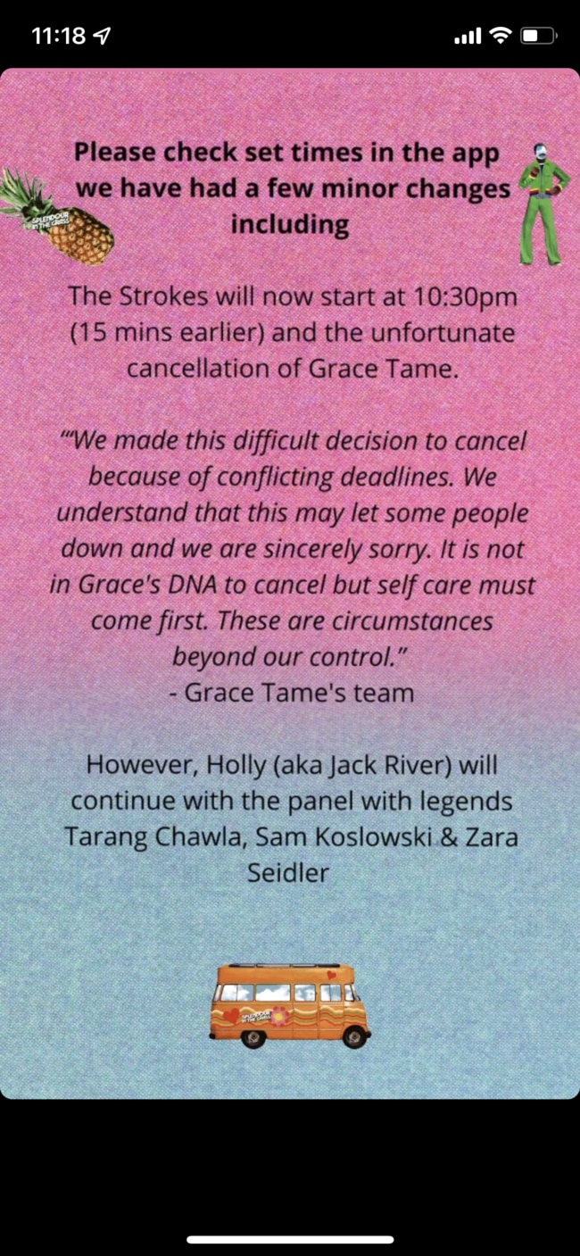 Grace Tame's team have issued an apology after cancelling her appearance for day two of Splendour in the Grass.