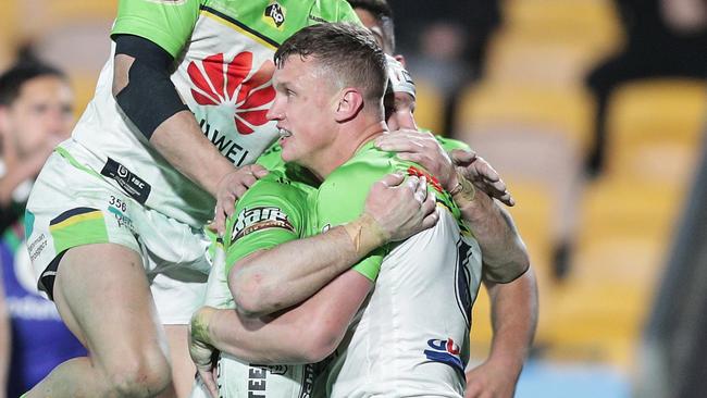 Jack Wighton celebrates a try for the Raiders earlier this year. Picture: AAP