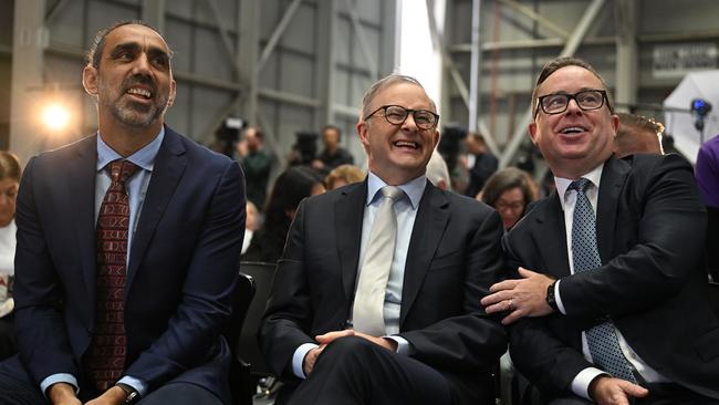 Adam Goodes, Anthony Albanese and former Qantas CEO Alan Joyce at Qantas’ unveiling of their Yes23 livery being carried on some of their aircraft at Sydney Domestic Airport in Sydney last year. Picture: Dean Lewis/AAP Image