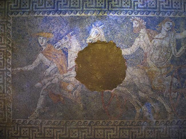 A damaged mosaic floor found in the tomb at Amphipolis.