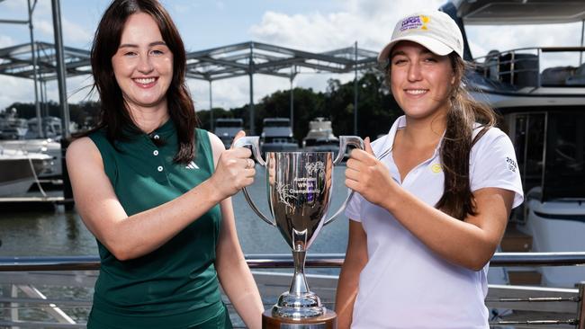 LPGA Tour player Karis Davidson (left) with Qld amateur Sarah Hammett at the announcement of the WPGA Championship event on the Gold Coast. Picture: Golf Aus.