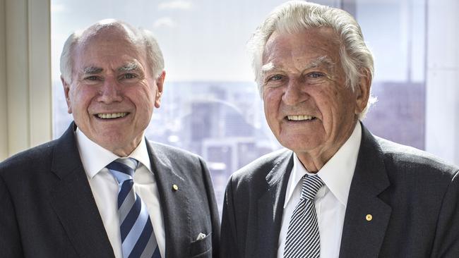 Former prime ministers John Howard and Bob Hawke.