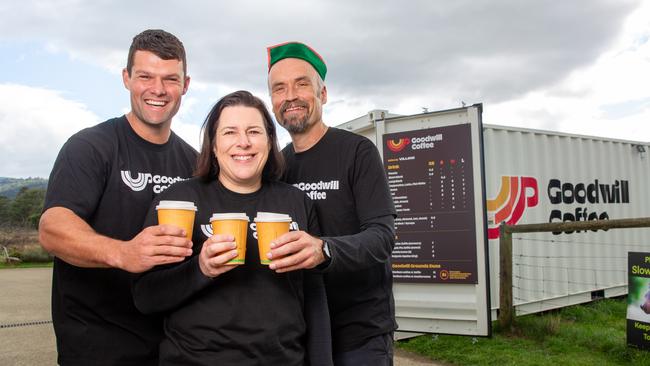 Goodwill coffee team Will Smith, Sarah McDonald and Juha Palonen at Goodwill coffee in Huonville. Picture: Linda Higginson
