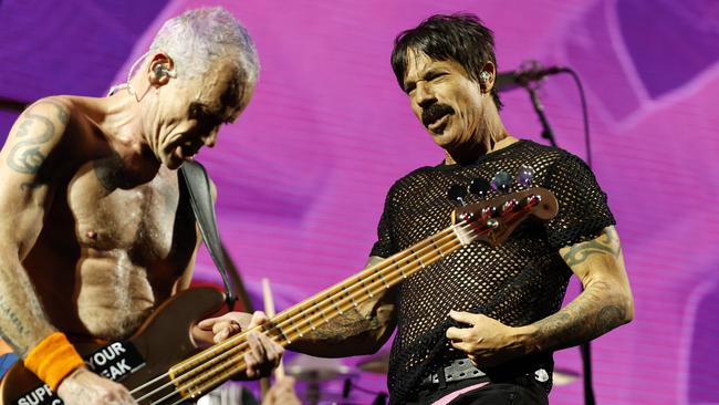 DAILY TELEGRAPH FEBRUARY 2, 2023. Red Hot Chili Peppers Anthony Kiedis on stage for their first concert at Accor Stadium at Sydney Olympic Park. Picture: Jonathan Ng