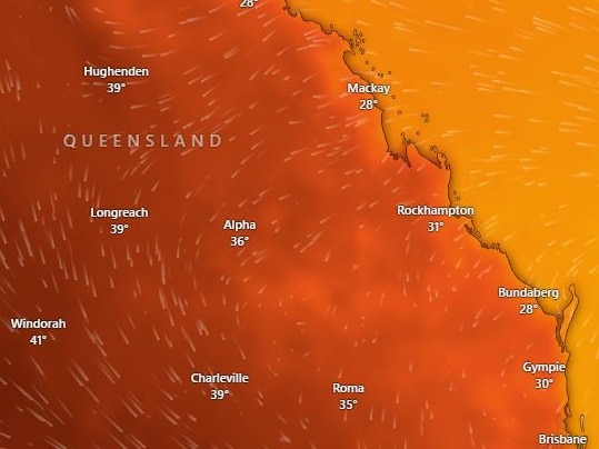 Temperatures across the state are set to climb over the coming days. With tempertaures set to hot 29 degrees in Bribane and up to 43 degrees in the South West on Monday. Photo: Windy.