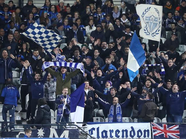 MELBOURNE, AUSTRALIA - JULY 26: Fans cheer during the FFA Cup round of 32 match between South Melbourne and Edgeworth FC at Lakeside Stadium on July 26, 2017 in Melbourne, Australia.  (Photo by Robert Cianflone/Getty Images)