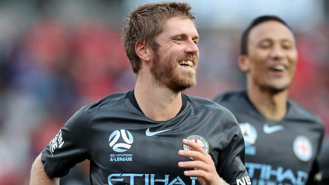 Luke Brattan celebrates scoring a goal for Melbourne City. Picture: AAP