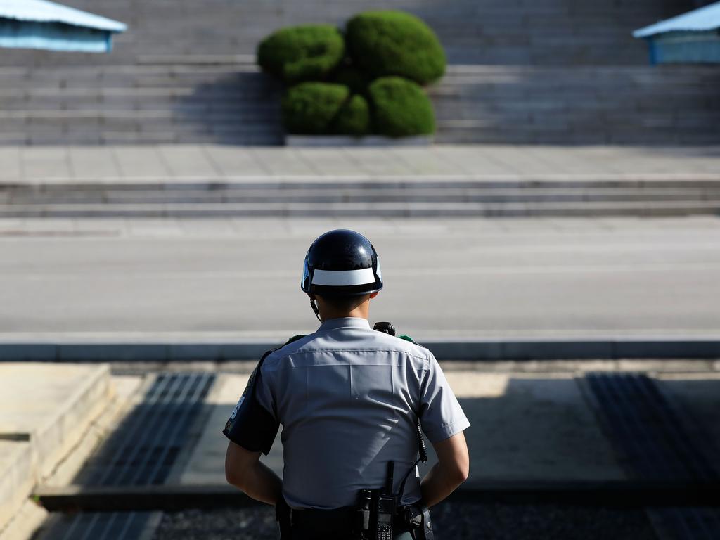 A South Korean soldier stands guard at the border village of Panmunjom. Picture: Chung Sung-Jun/Getty Images