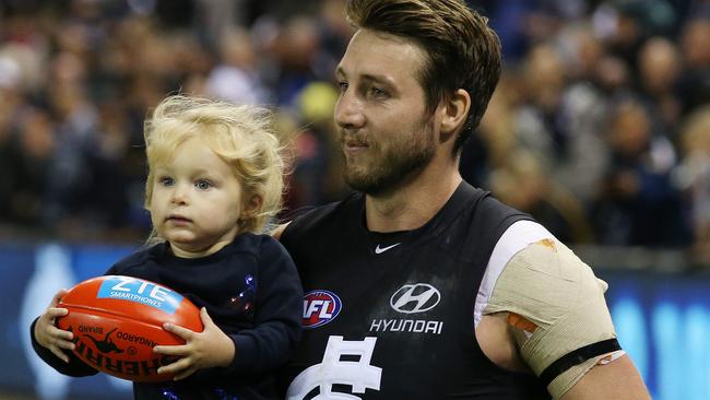 A lot has changed in Thomas’ life since he burst onto the scene as a long-haired blond at Collingwood. He is now a father to daughter Matilda. Picture: Michael Klein