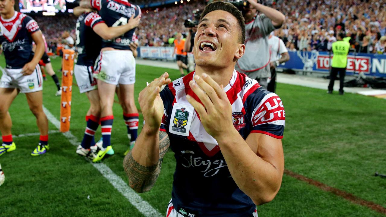 Sonny Bill Williams celebrates the Roosters’ 2013 premiership. The Chooks finished 13th the year before. Pic: Gregg Porteous.