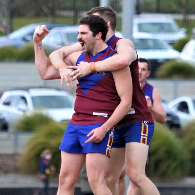 Moe's Harrison Pepper celebrates one of his four goals against Leongatha on Saturday. Picture: Daniel Heathcote