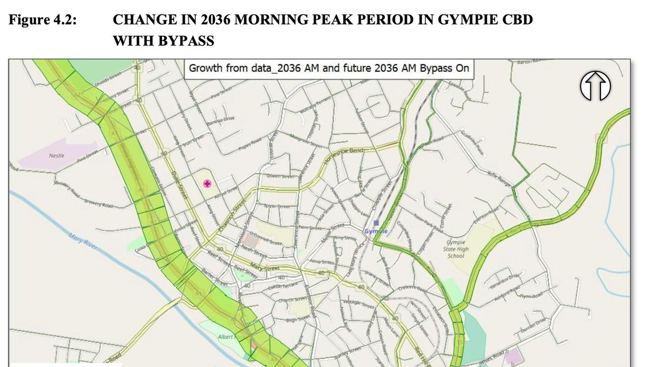 A map showing the expected decrease in traffic on both the Bruce Highway and Channon St, following the completion of the Gympie Bypass.