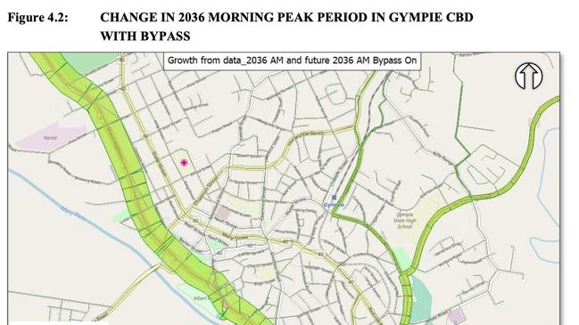 A map showing the expected decrease in traffic on both the Bruce Highway and Channon St, following the completion of the Gympie Bypass.