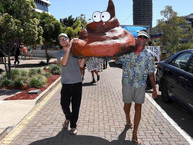 Over 20 environmental activists, from as far as the Gold Coast, Brisbane and Bundaberg, gathered at AdaniÃs headquarters in Townsville to "call out" AdaniÃs rebranding as ÃBravus MiningÃ. PICTURE: MATT TAYLOR.