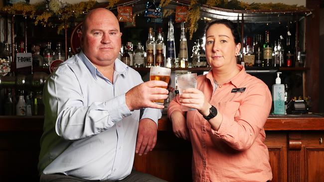 Tom Darke general manager and Casey Kingston assistant manager at The Richmond Arms Hotel. Tasmanian Hospitality Association are calling for the no vertical drinking law to be relaxed in line with some other states. Picture: NIKKI DAVIS-JONES