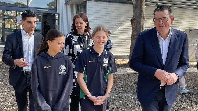 Premier Dan Andrews tours Orchard Grove Primary School with students Charlise and Amy, Box Hill state Labor MP Paul Hamer and Principal Michelle Ogilvie. Picture: Kiel Egging.