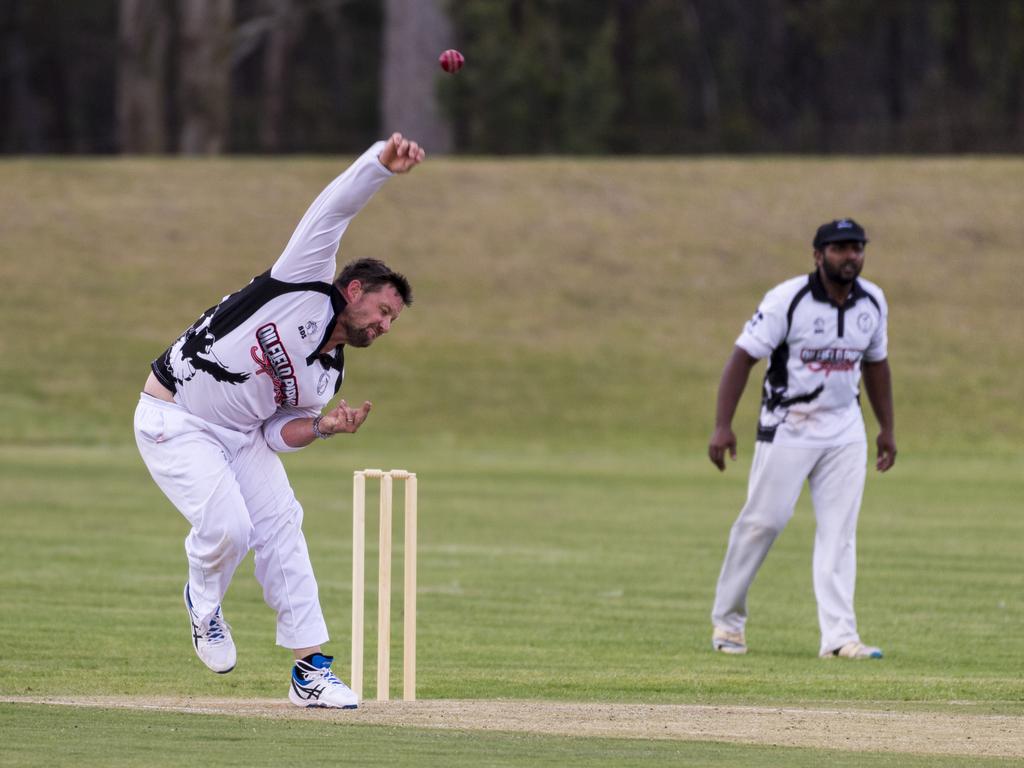 Matthew Budden bowls for Southern District Magpies against Highfields-Railways in Harding-Madsen Shield division two cricket round three at Highfields Sport Park on October 23, 2021. Picture: Kevin Farmer