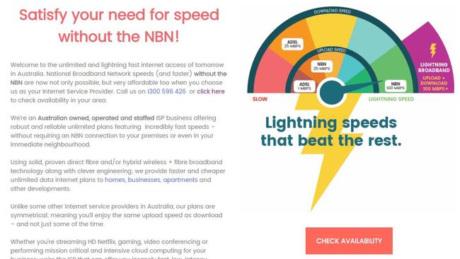 ‘Satisfy your need for speed without the NBN’ is Lightning Broadband’s message.