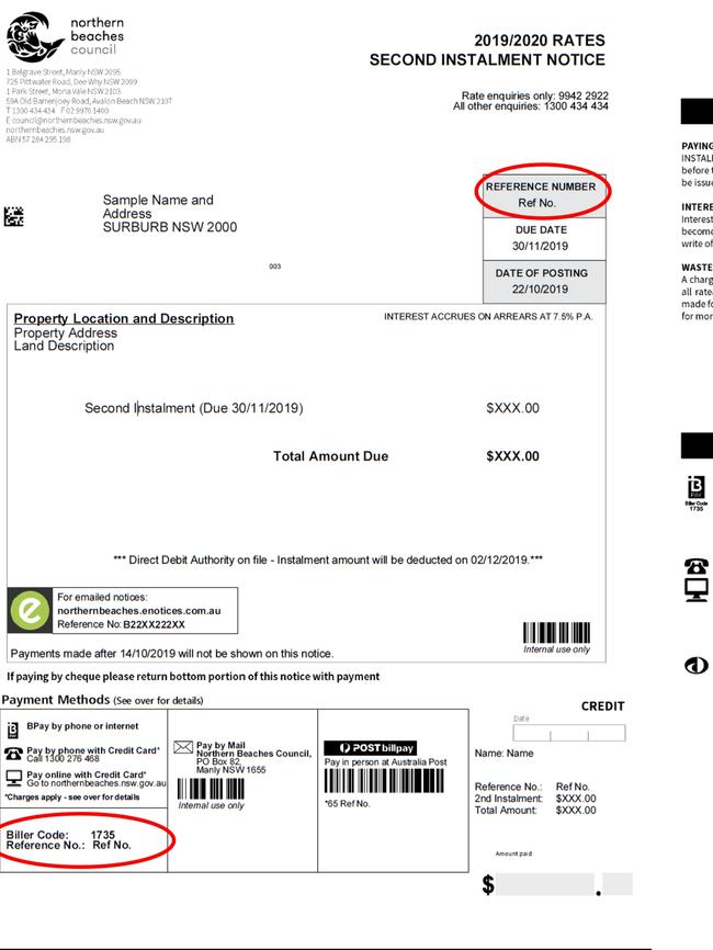 A sample rates notice from Northern Beaches Council. Picture: Supplied